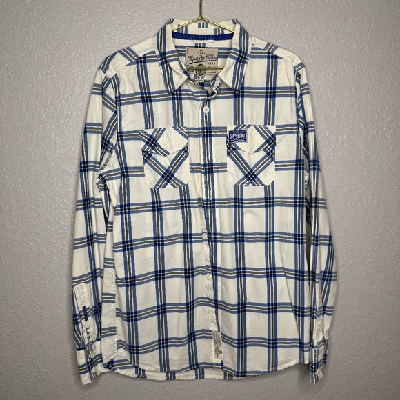 Superdry Men's Long- sleeved shirt with a blue & white [\plaid pattern - X-Large - Picture 1 of 9